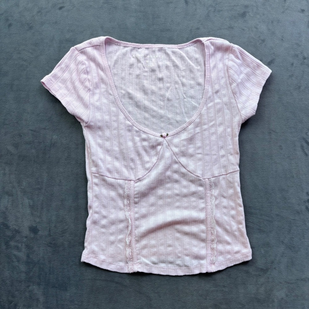 Aeropostale Pink Ribbed Pointelle Lace Trim Scoop Neck Rosebud Top Medium